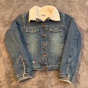 Plugg Womens Denim Sherpa Lined Trucker Jacket Blue Size L Y2K